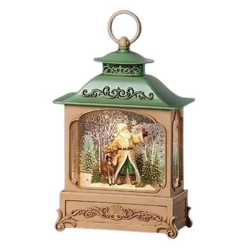 12" Winter Glen Santa with Deer Green Roof Glitter Water Lantern