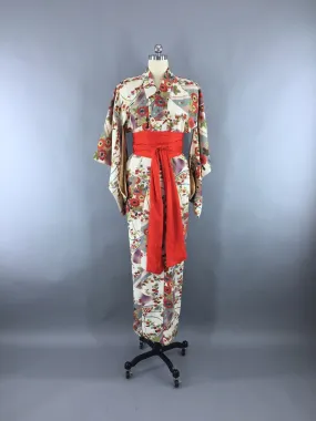 1930s Vintage Silk Kimono Robe with Ivory and Red Floral Print