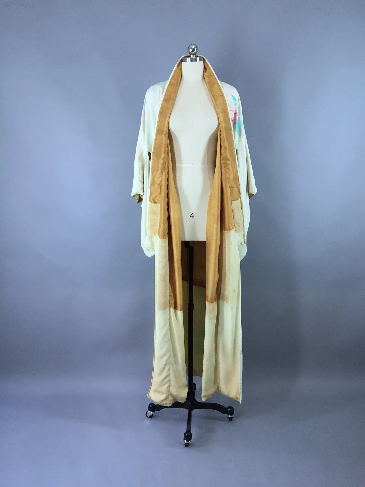 1950s Vintage Silk Kimono Robe / Aqua Floral