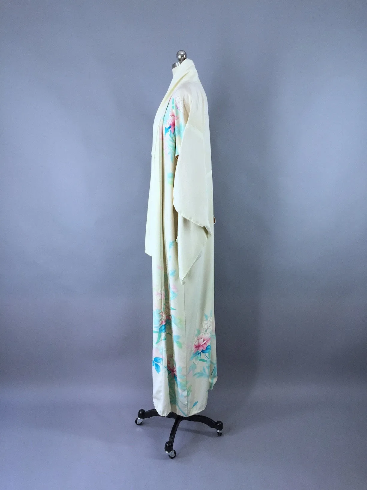 1950s Vintage Silk Kimono Robe / Aqua Floral