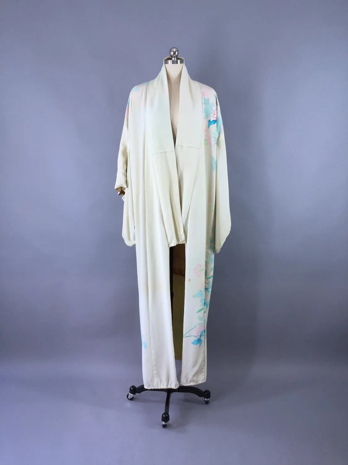 1950s Vintage Silk Kimono Robe / Aqua Floral