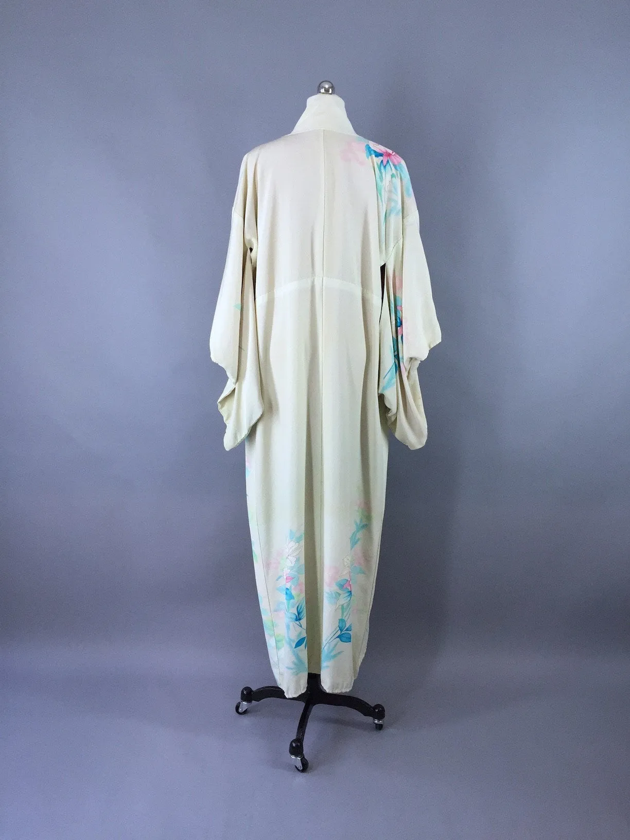 1950s Vintage Silk Kimono Robe / Aqua Floral