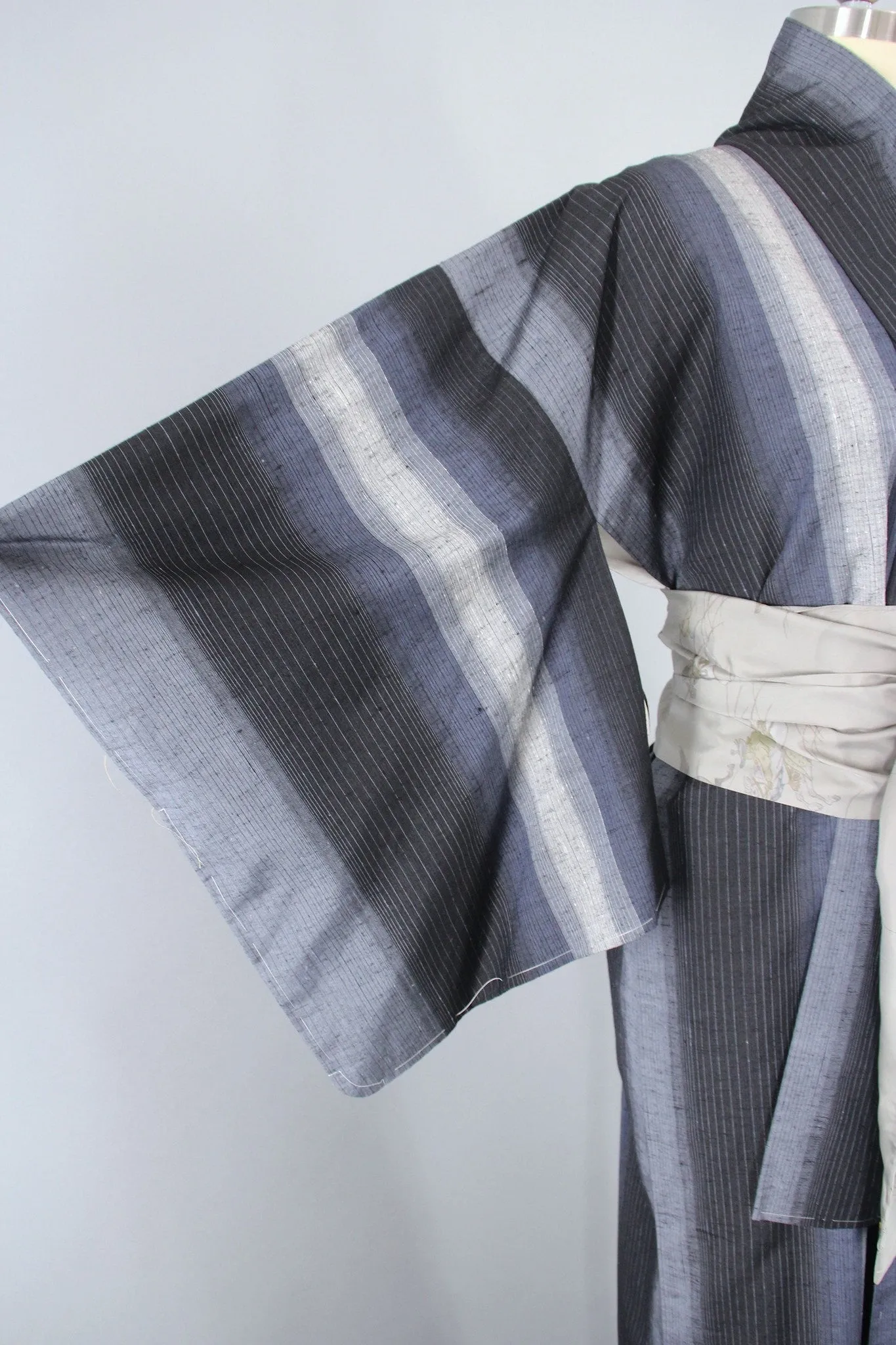 1950s Vintage Silk Kimono Robe Blue Grey Ikat Stripes