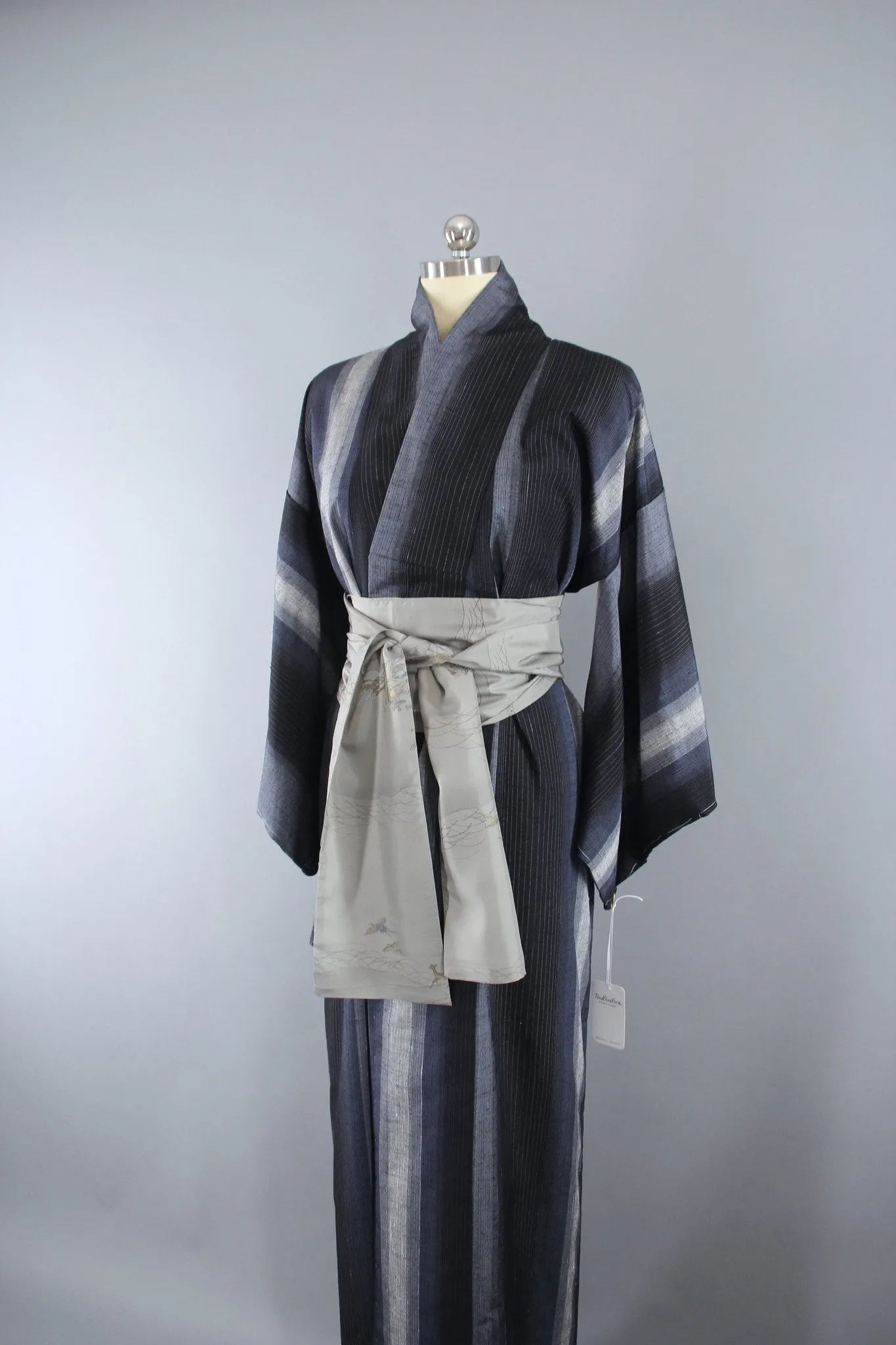 1950s Vintage Silk Kimono Robe Blue Grey Ikat Stripes