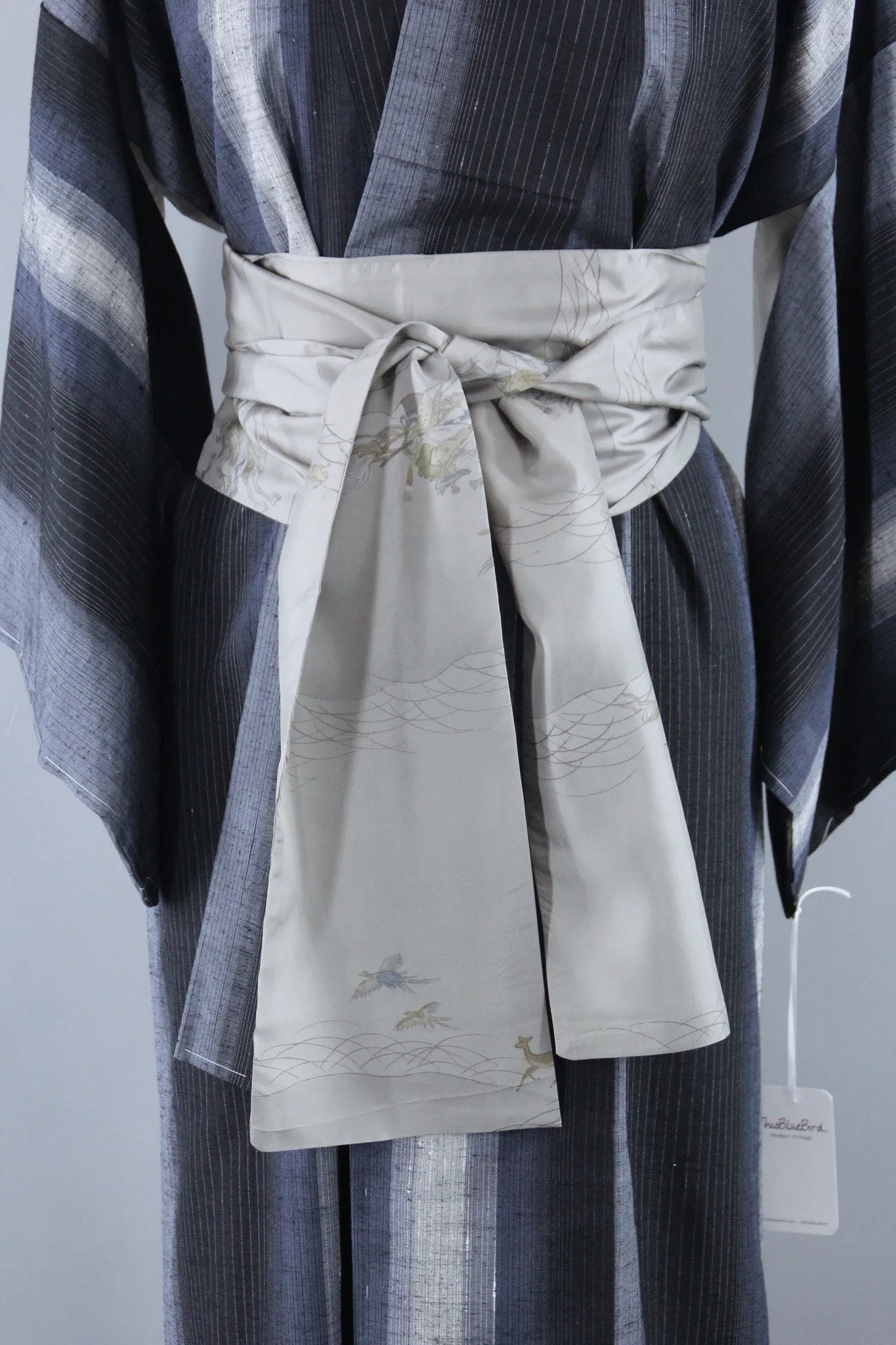 1950s Vintage Silk Kimono Robe Blue Grey Ikat Stripes