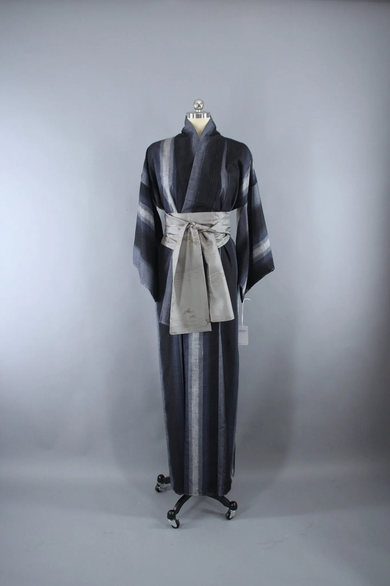 1950s Vintage Silk Kimono Robe Blue Grey Ikat Stripes