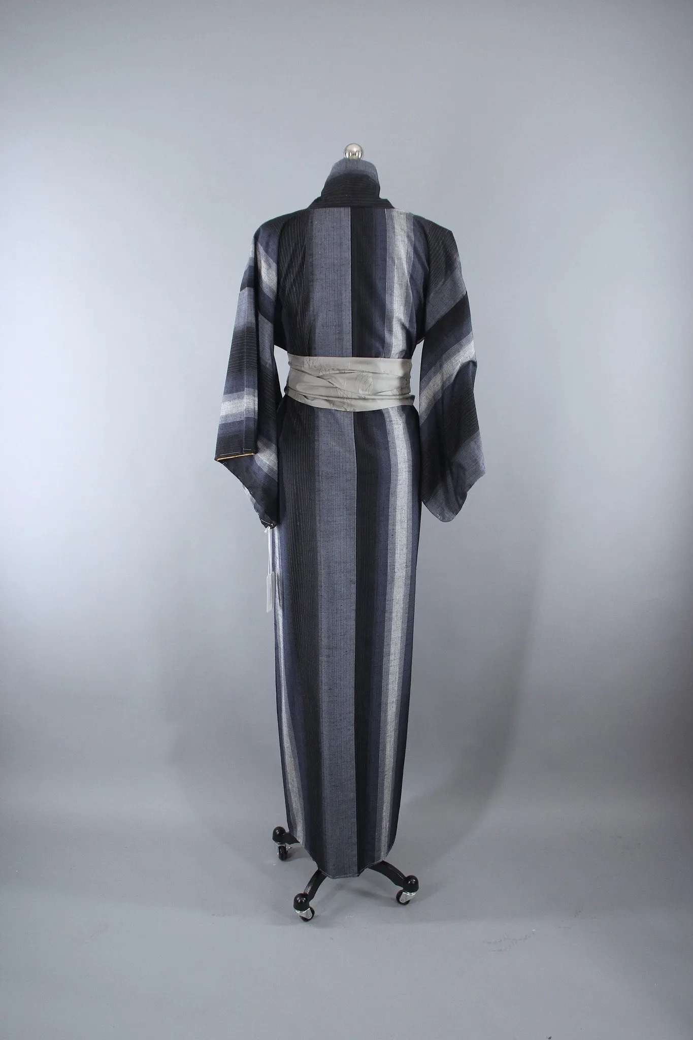 1950s Vintage Silk Kimono Robe Blue Grey Ikat Stripes