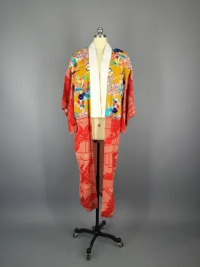 1950s Vintage Silk Kimono Robe / Red Crane Birds