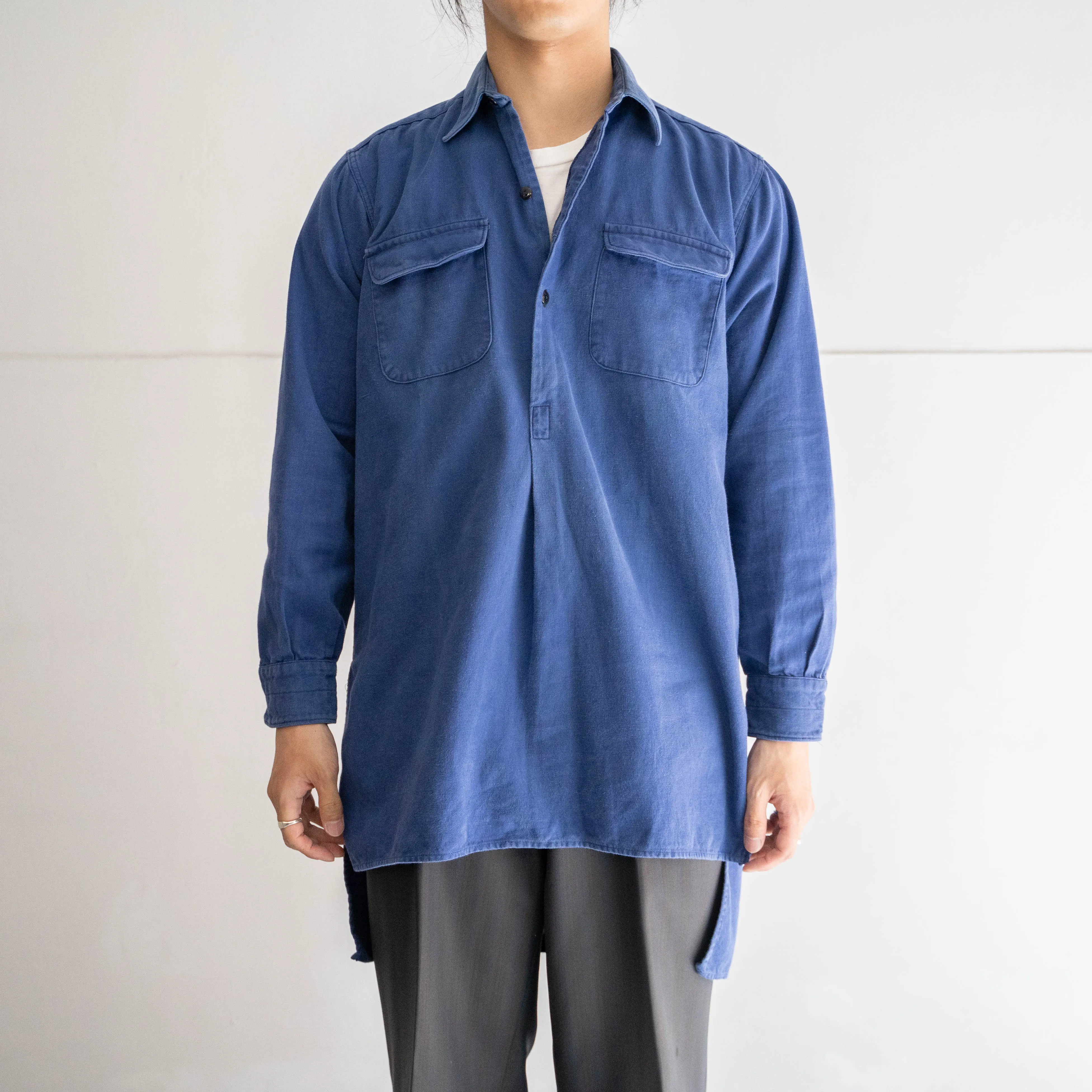 1960-70s France 'Kidur' blue twill grandpa shirt