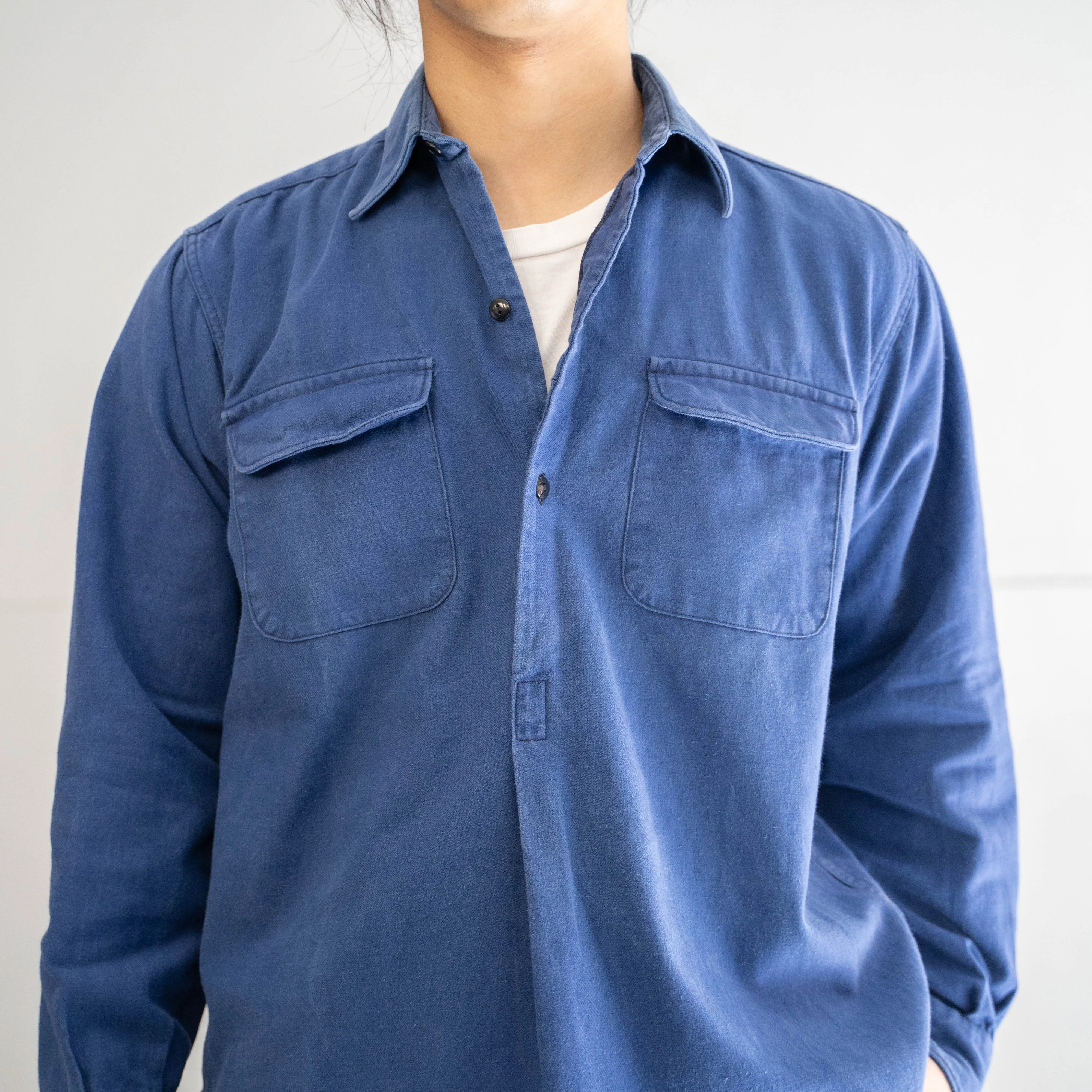 1960-70s France 'Kidur' blue twill grandpa shirt