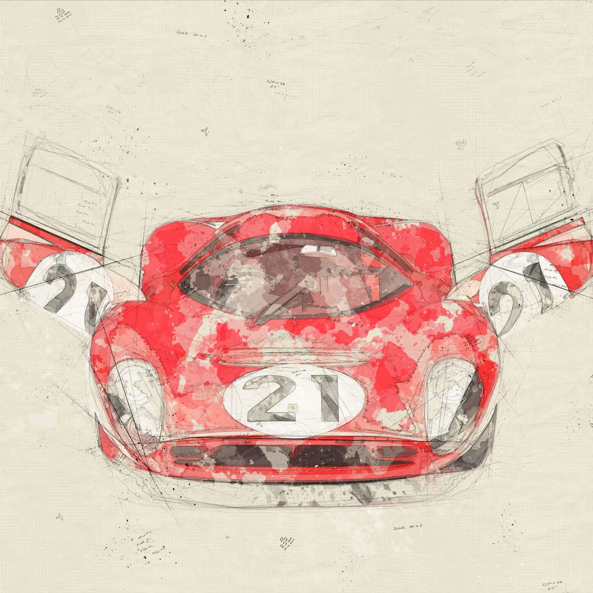 1967 Ferrari 330 P4 Car Front View Drawing Wall Art