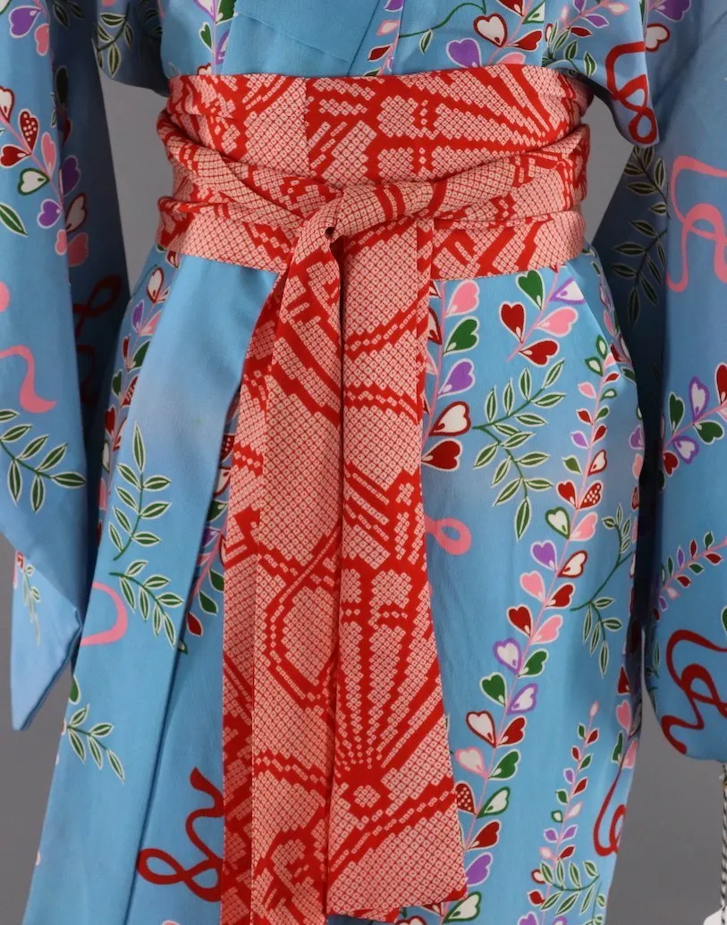 1970s Silk Kimono Robe / Blue & Pink Floral Print