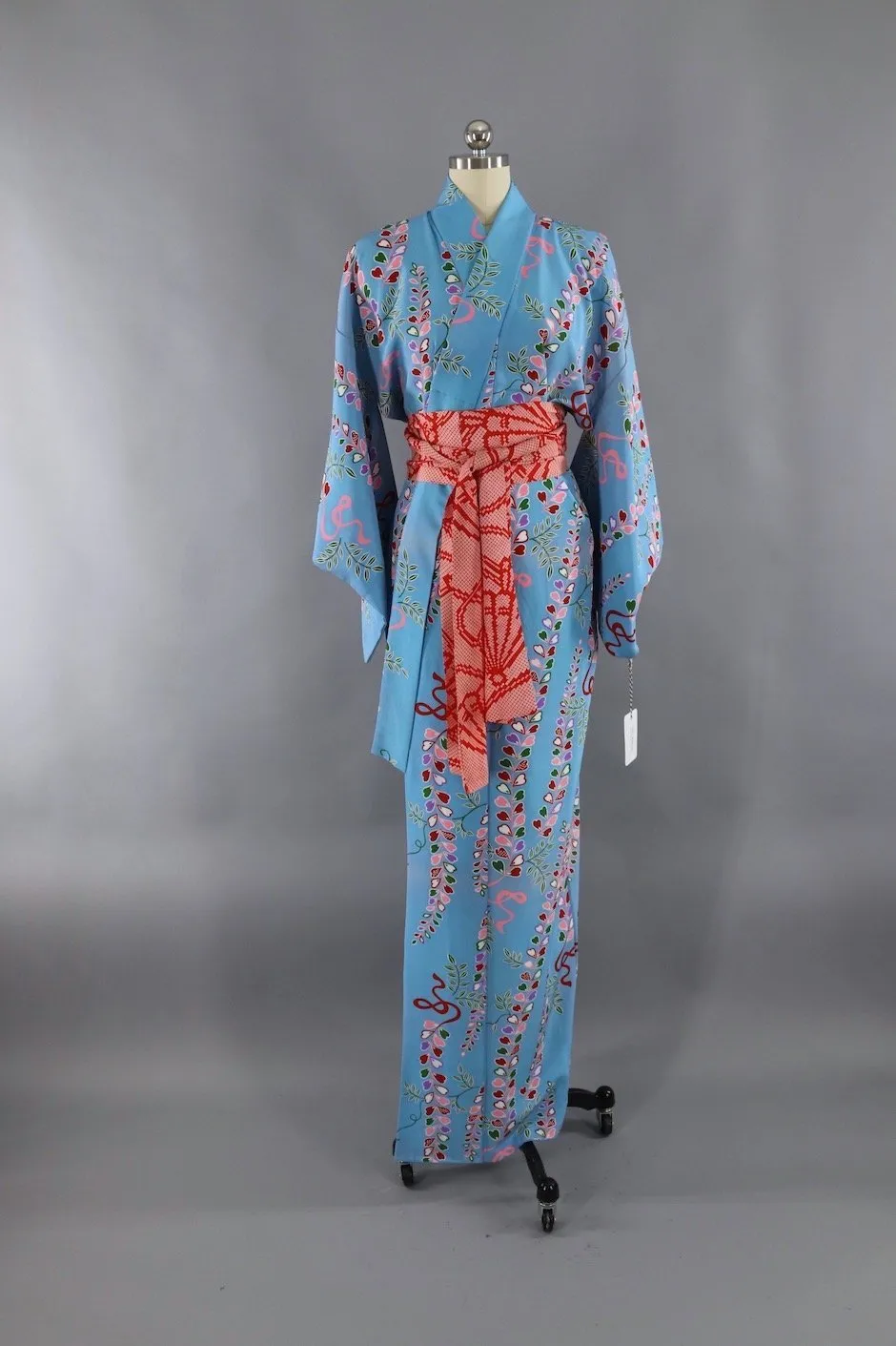 1970s Silk Kimono Robe / Blue & Pink Floral Print