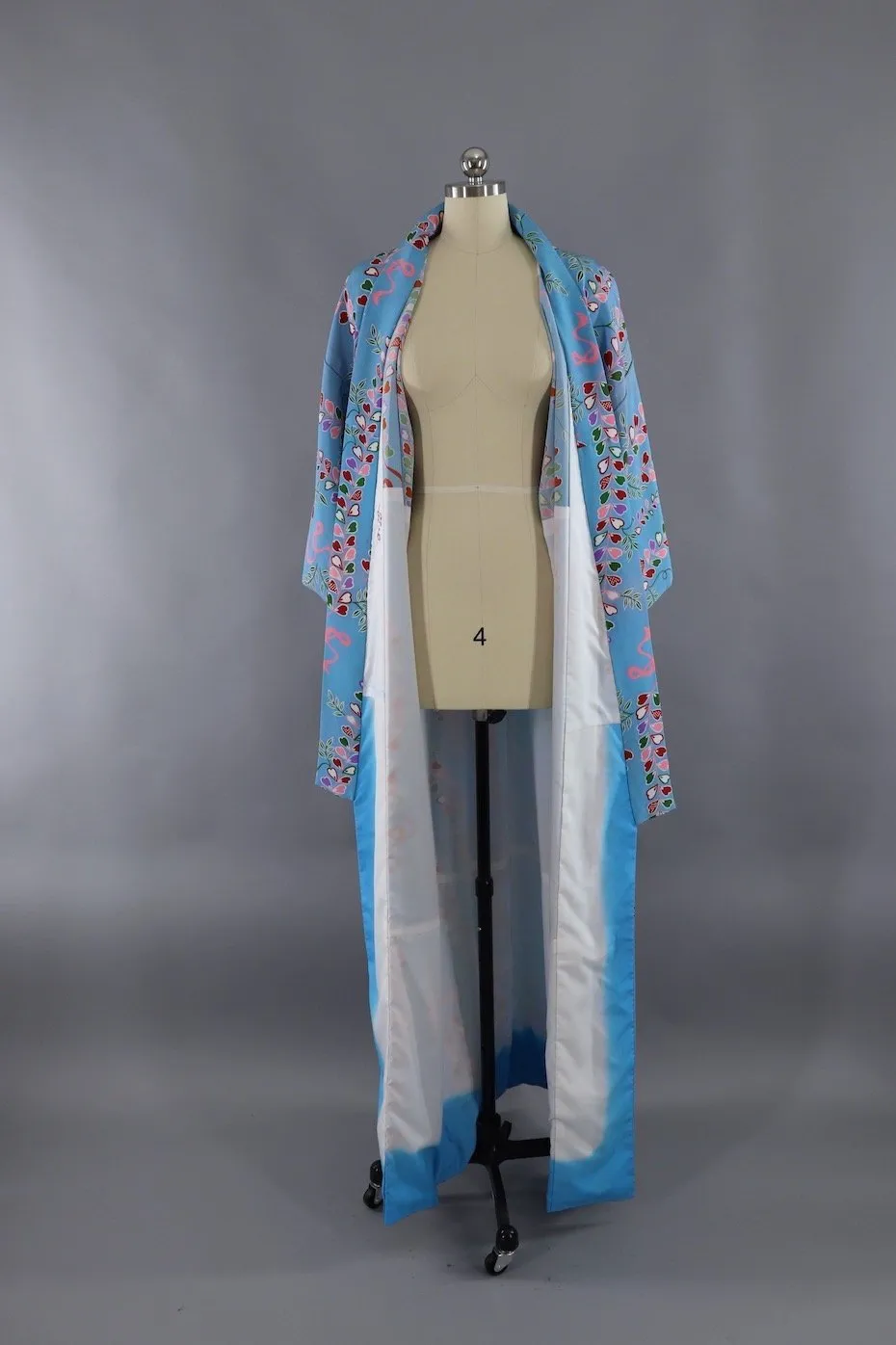 1970s Silk Kimono Robe / Blue & Pink Floral Print