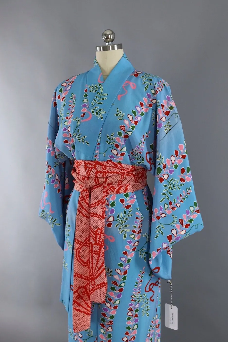 1970s Silk Kimono Robe / Blue & Pink Floral Print