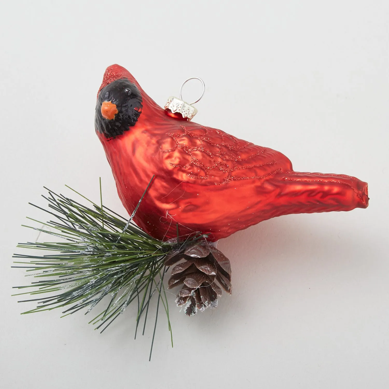 3.5" Red Glittered Blown Glass Cardinal Ornament with Pine