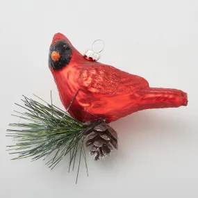 3.5" Red Glittered Blown Glass Cardinal Ornament with Pine