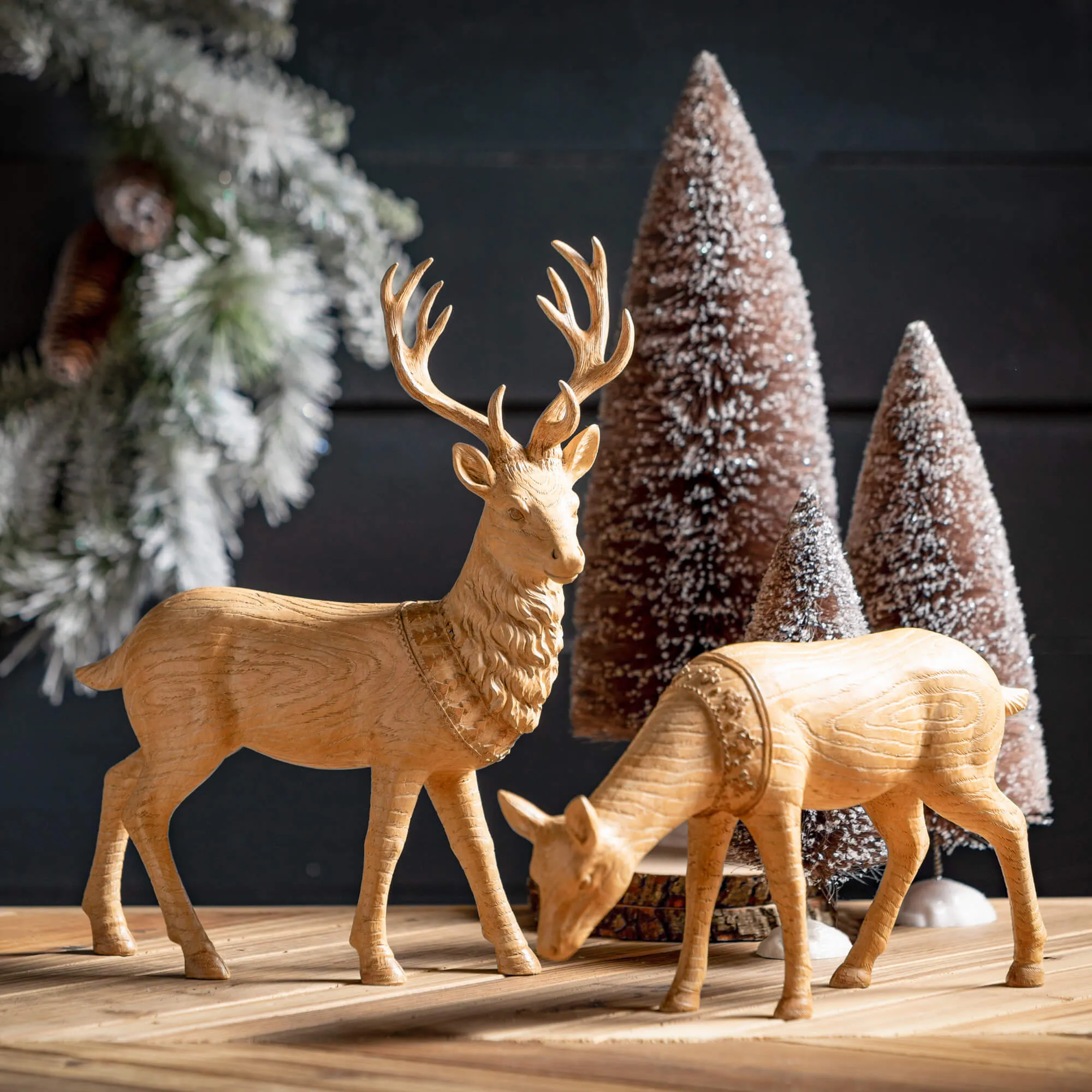 5.5"H and 14"H Sullivans Scandinavian Neutral Deer Figure - Set of 2, Christmas Decor, Brown