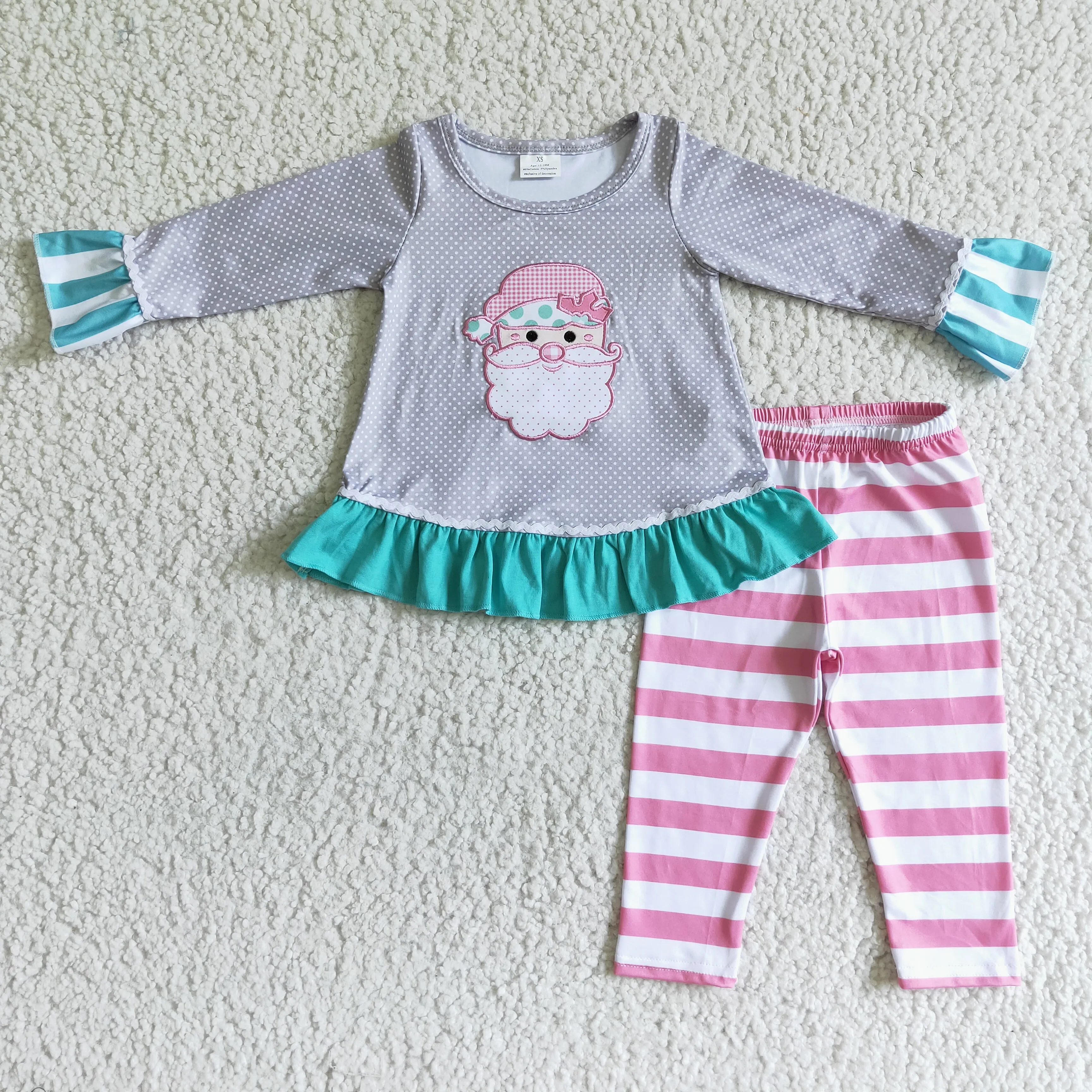 6 A11-27 RTS girl santa claus emboridery grey dot pink stripe winter christmas set - promotion 2023.10.21