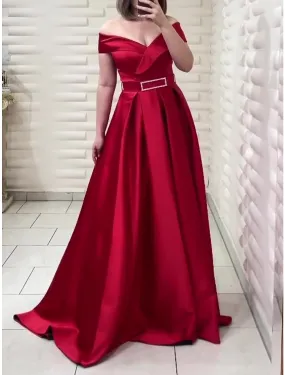 A-Line Evening Gown Elegant Dress Formal Christmas Red Green Dress Sweep / Brush Train Short Sleeve Off Shoulder Satin with Pleats Crystals