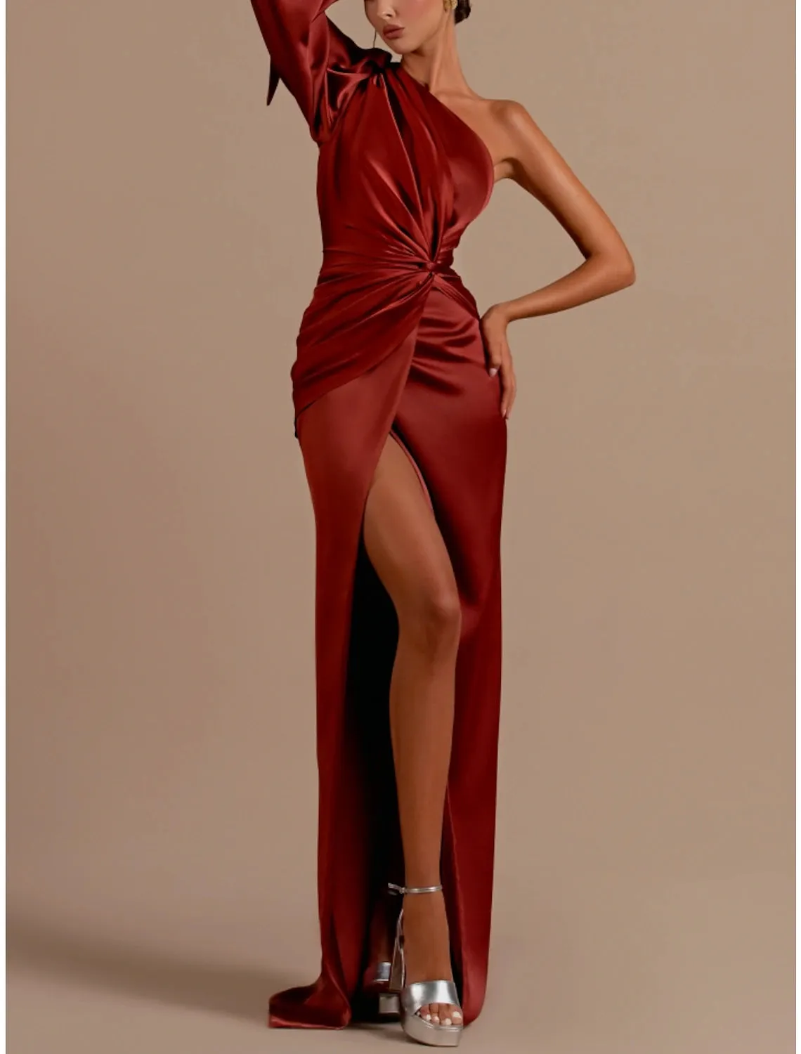 A-Line Evening Gown Elegant Dress Formal Sweep / Brush Christmas Red Green Dress Train Long Sleeve One Shoulder Satin with Feather Ruched Strappy