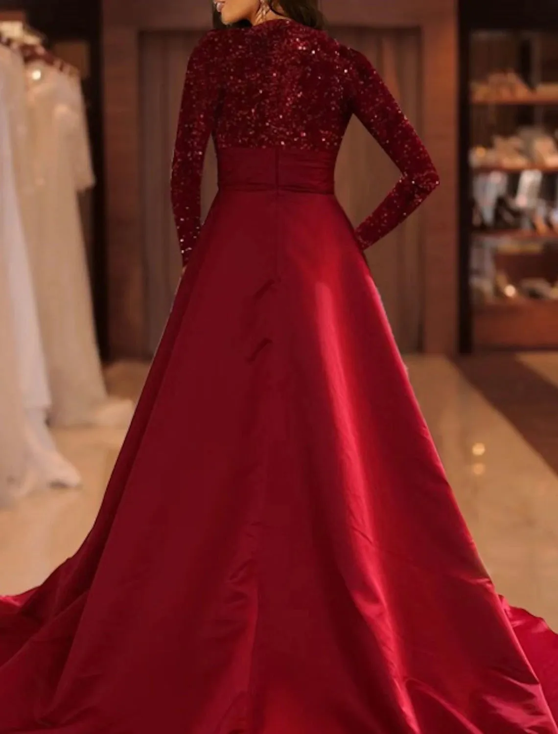 A-Line Evening Gown Sparkle Christmas Red Green Dress Formal Cocktail Party Court Train Long Sleeve High Neck Fall Wedding Guest Satin with Sequin