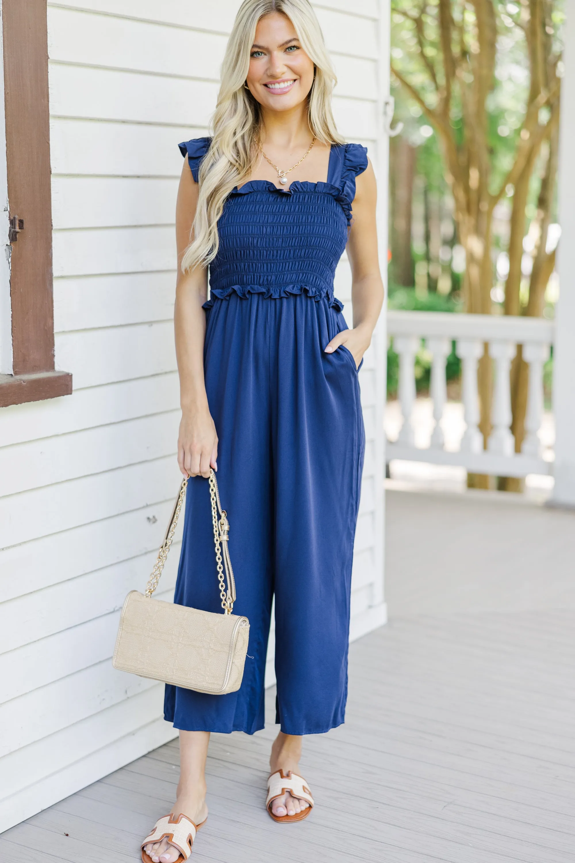 All For You Navy Blue Smocked Jumpsuit