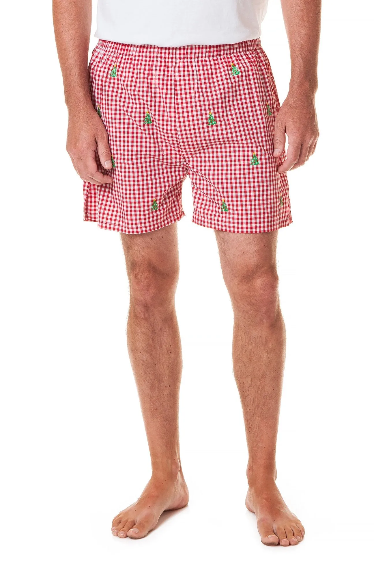 Barefoot Boxer Wide Gingham Red with Christmas Tree