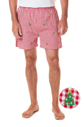 Barefoot Boxer Wide Gingham Red with Christmas Tree