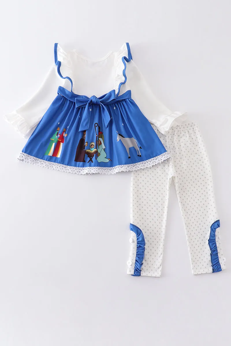 Blue nativity ruffle girl set