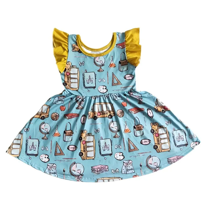 Blue-Yellow Ruffle Back to School Twirly Skirt Dress