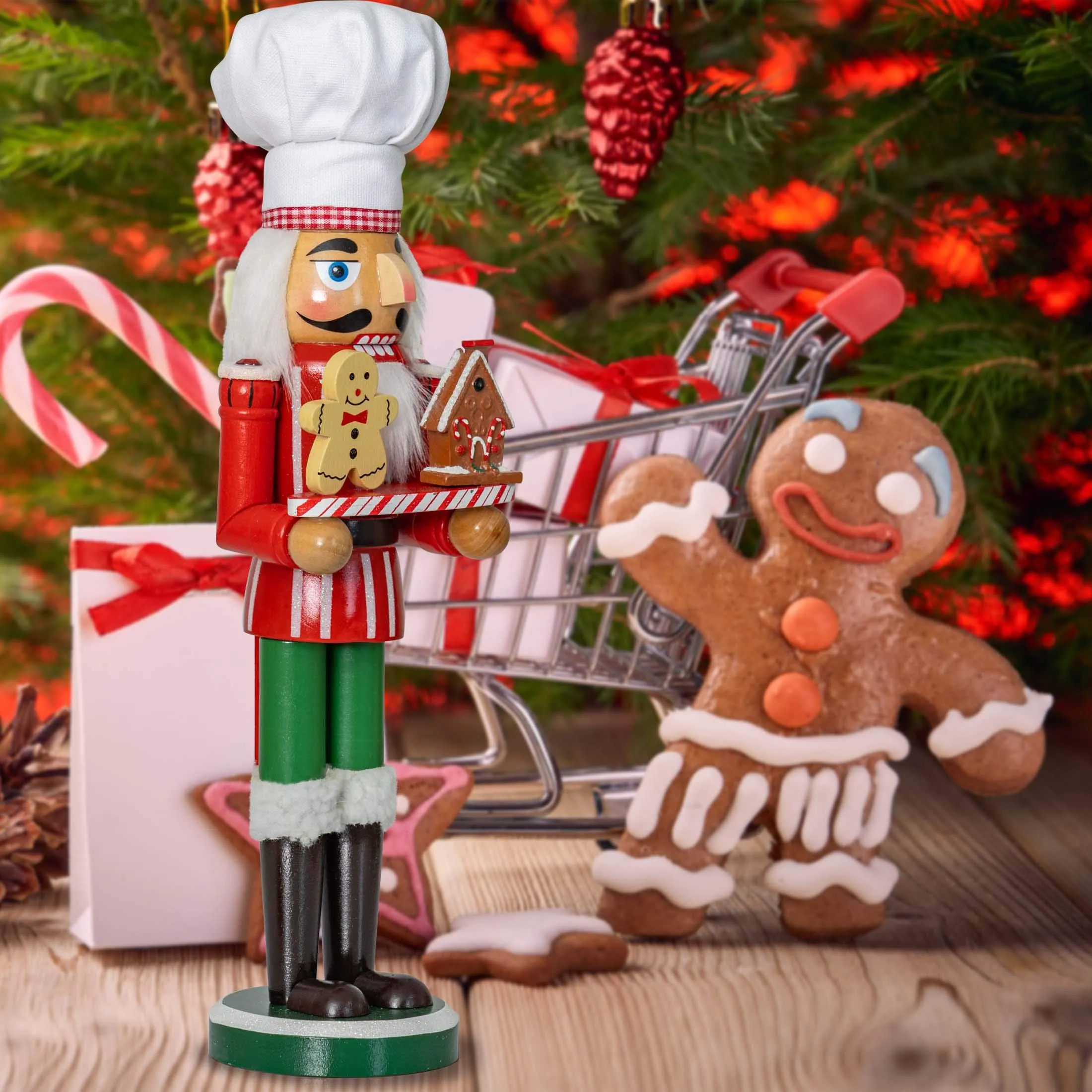 Christmas Chef Nutcracker Figure - Wooden Chef Hat Nutcracker with Gingerbread Man and House Holiday Decoration