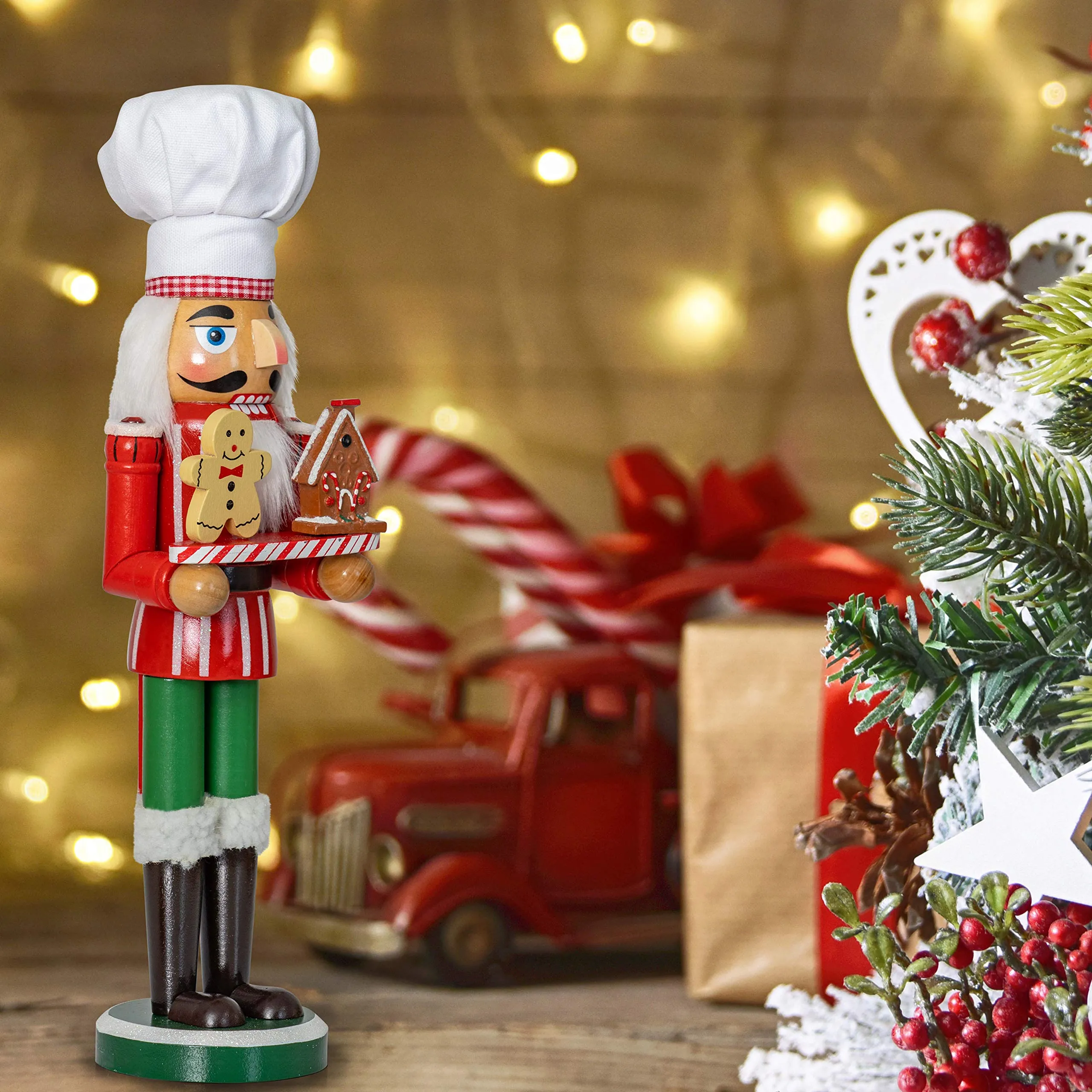 Christmas Chef Nutcracker Figure - Wooden Chef Hat Nutcracker with Gingerbread Man and House Holiday Decoration