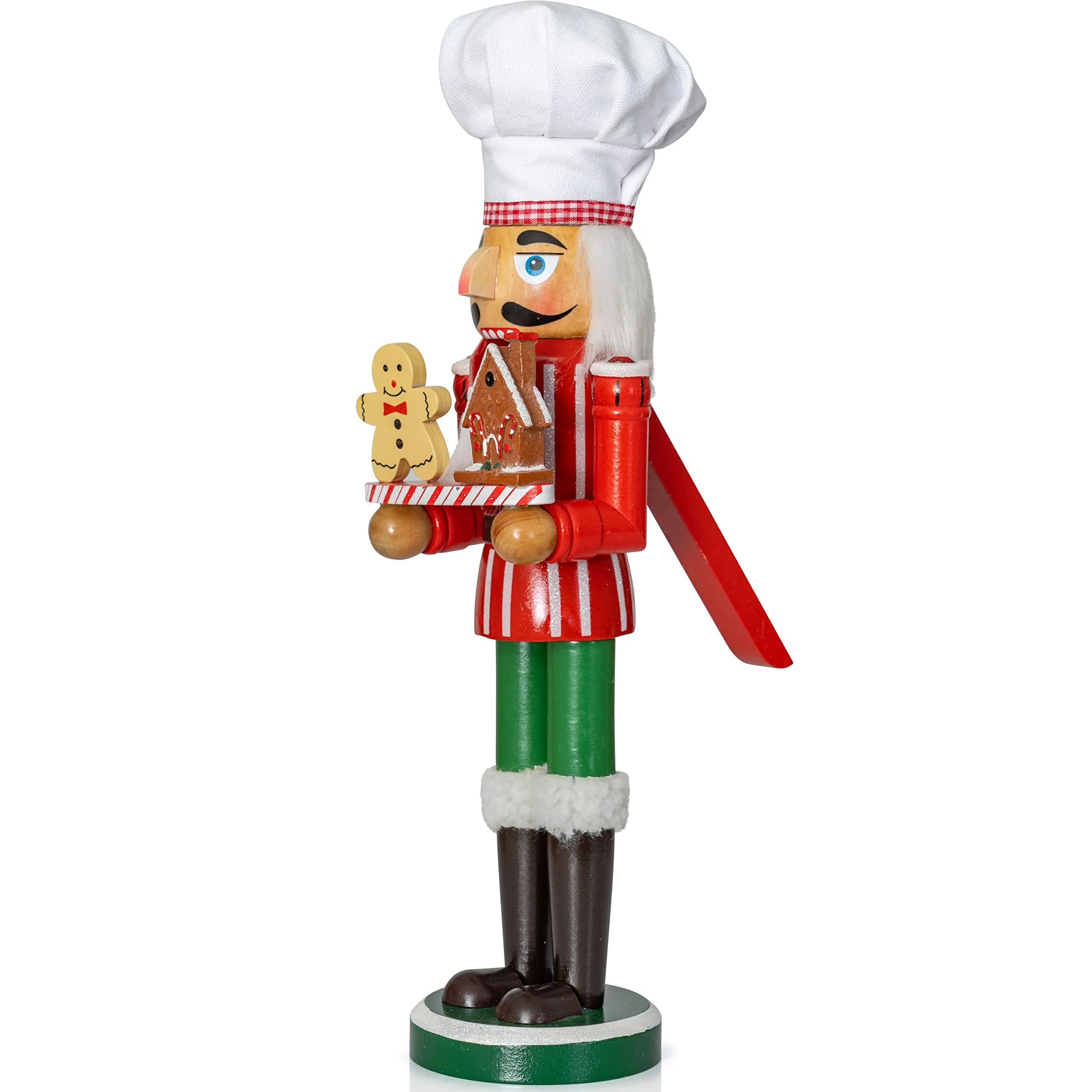 Christmas Chef Nutcracker Figure - Wooden Chef Hat Nutcracker with Gingerbread Man and House Holiday Decoration