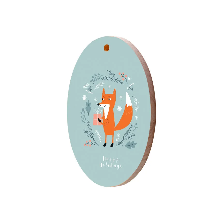 Christmas Decorations FOXY PRESENTS- Wooden Xmas Oval Decoration and Fridge Magnet