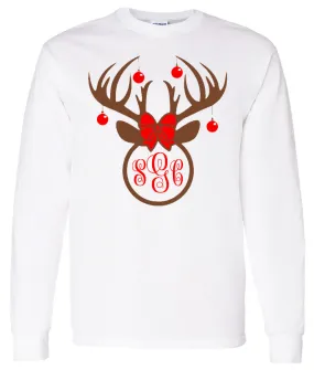 Christmas Deer Monogram - White Longsleeve Tee