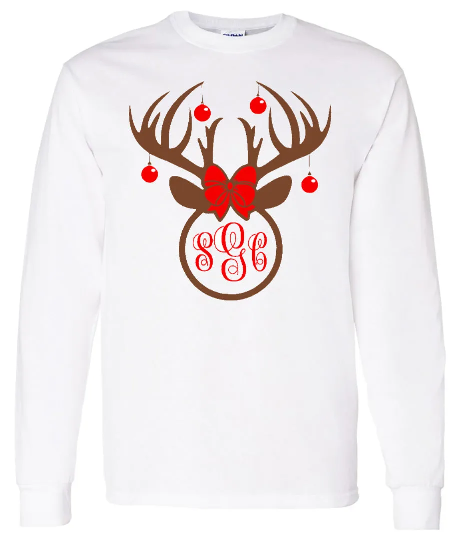 Christmas Deer Monogram - White Longsleeve Tee