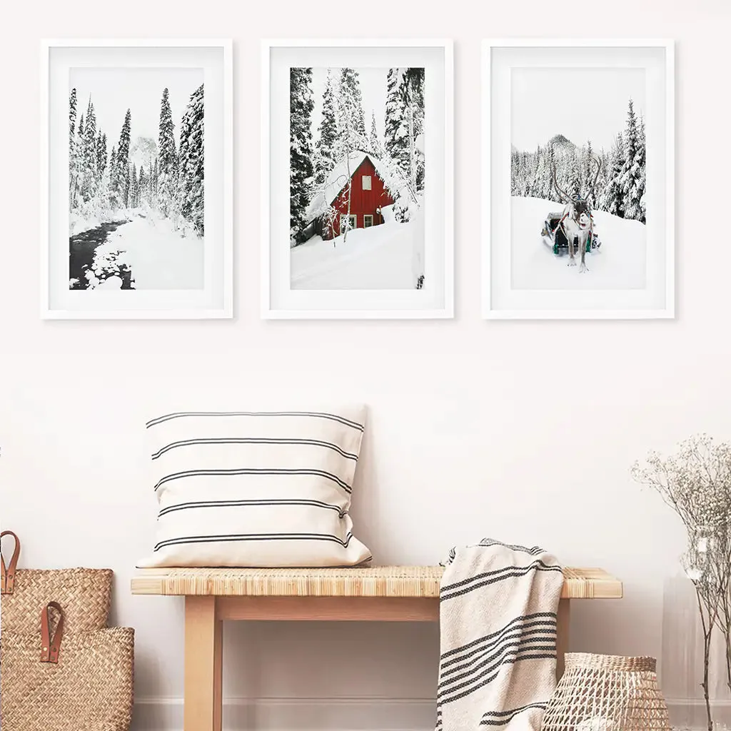 Christmas Deer Wall Art Set of 3. Red Barn, Frozen River