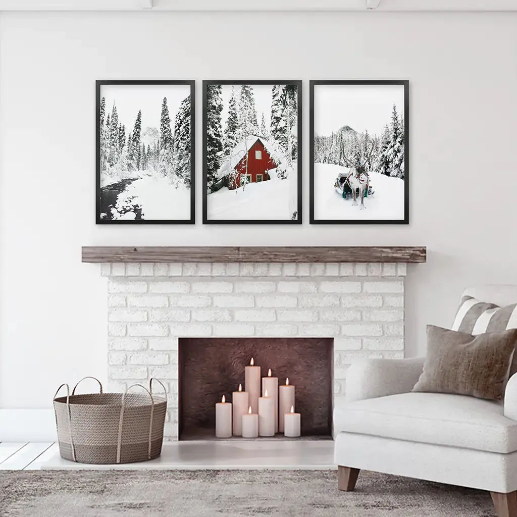 Christmas Deer Wall Art Set of 3. Red Barn, Frozen River