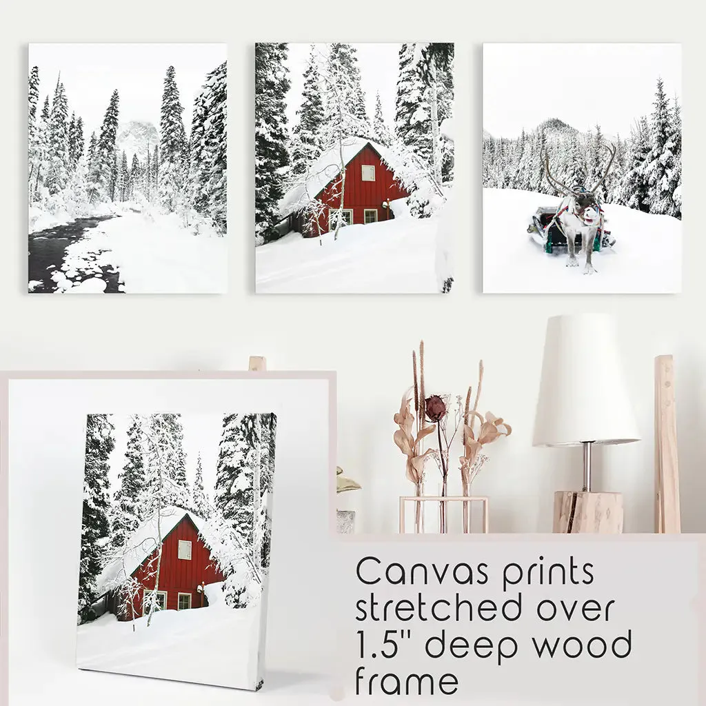 Christmas Deer Wall Art Set of 3. Red Barn, Frozen River