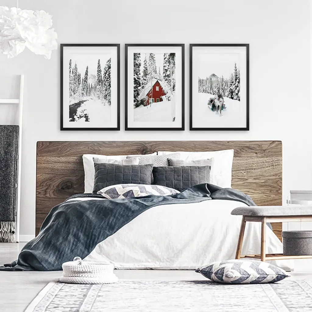 Christmas Deer Wall Art Set of 3. Red Barn, Frozen River