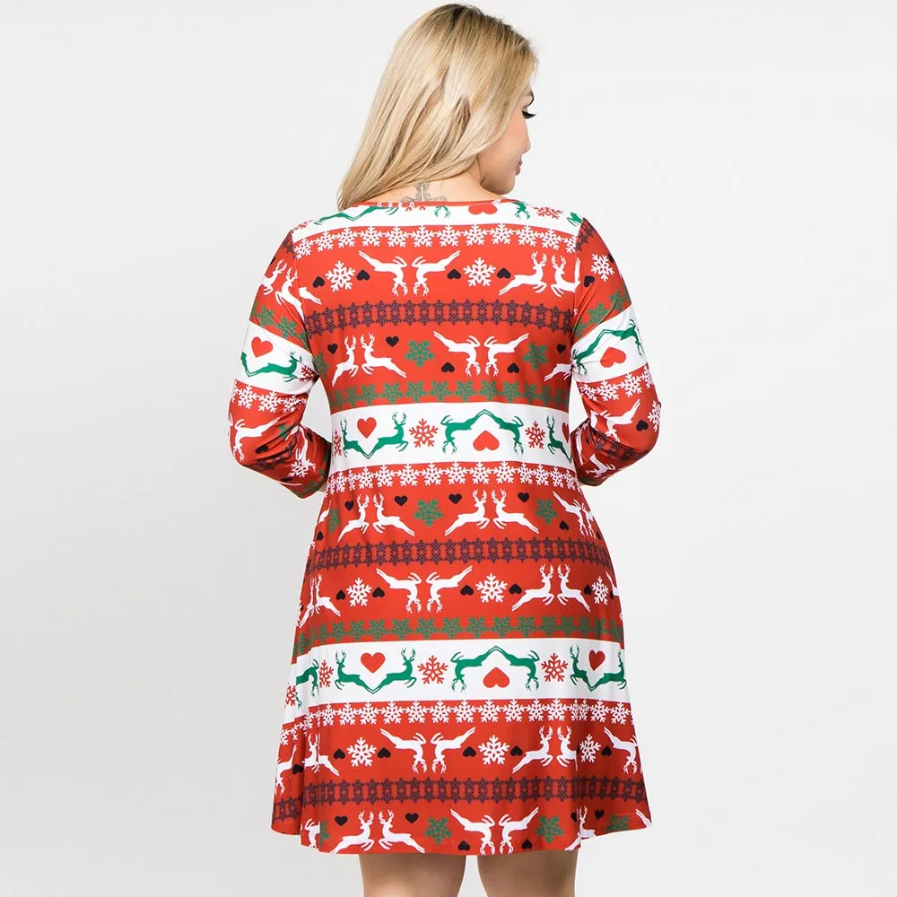 Christmas Fair Isle Reindeer Print Holiday Casual A-Line Dress