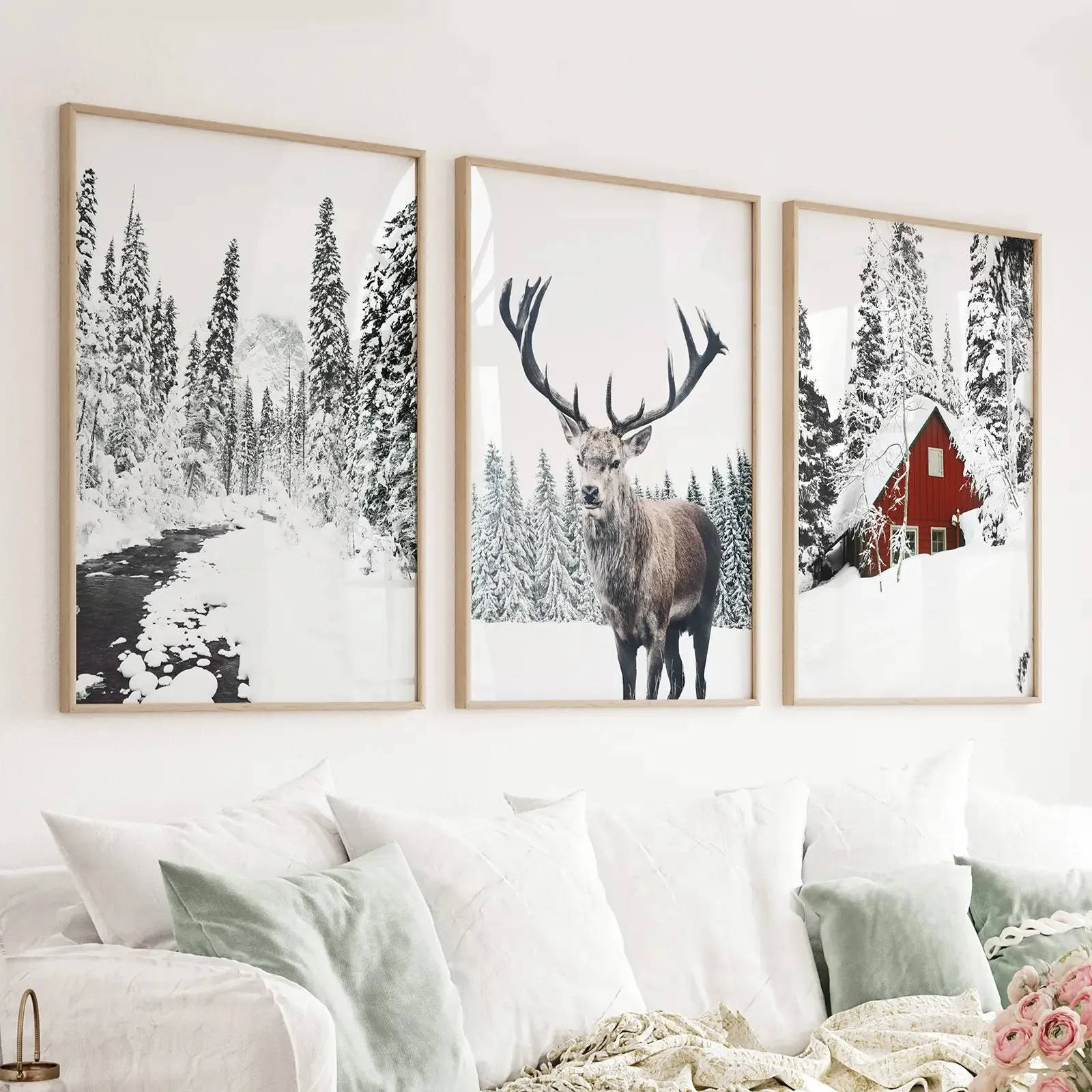 Christmas Mood Wall Art Prints. Red Log Cabin, Deer