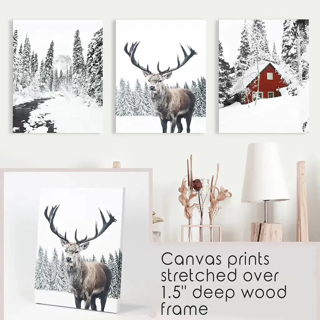 Christmas Mood Wall Art Prints. Red Log Cabin, Deer