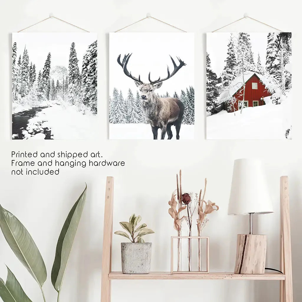 Christmas Mood Wall Art Prints. Red Log Cabin, Deer