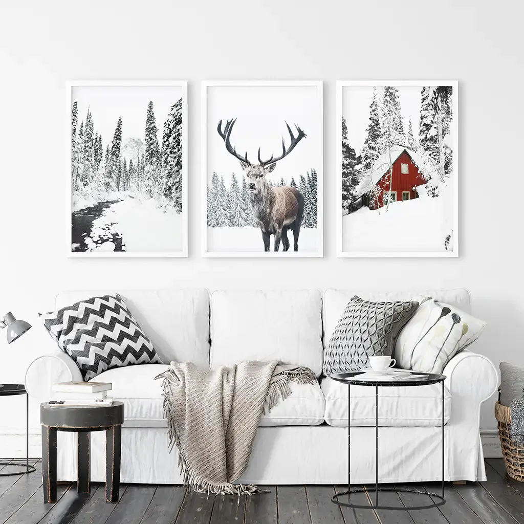 Christmas Mood Wall Art Prints. Red Log Cabin, Deer