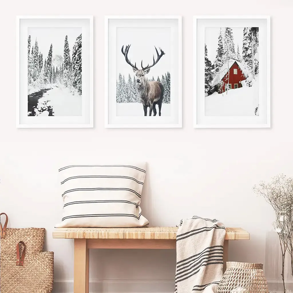 Christmas Mood Wall Art Prints. Red Log Cabin, Deer