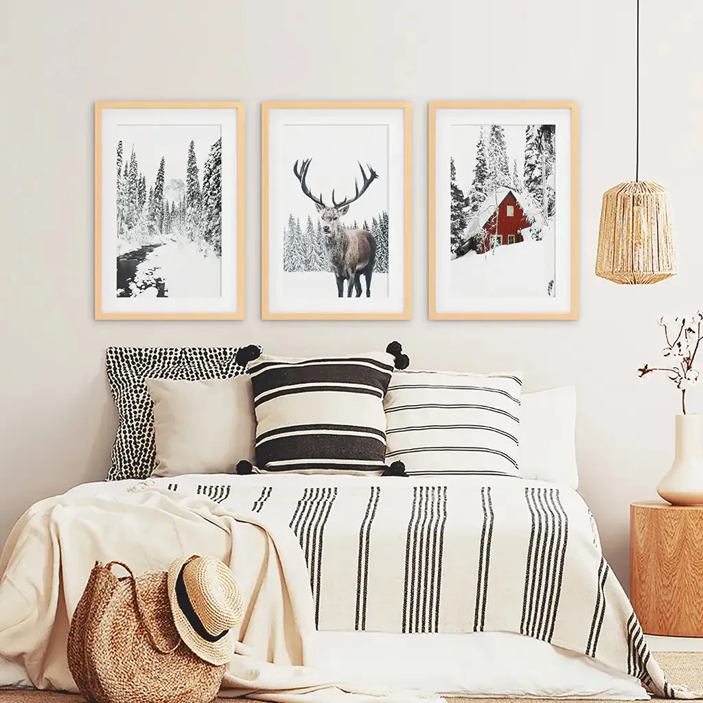 Christmas Mood Wall Art Prints. Red Log Cabin, Deer