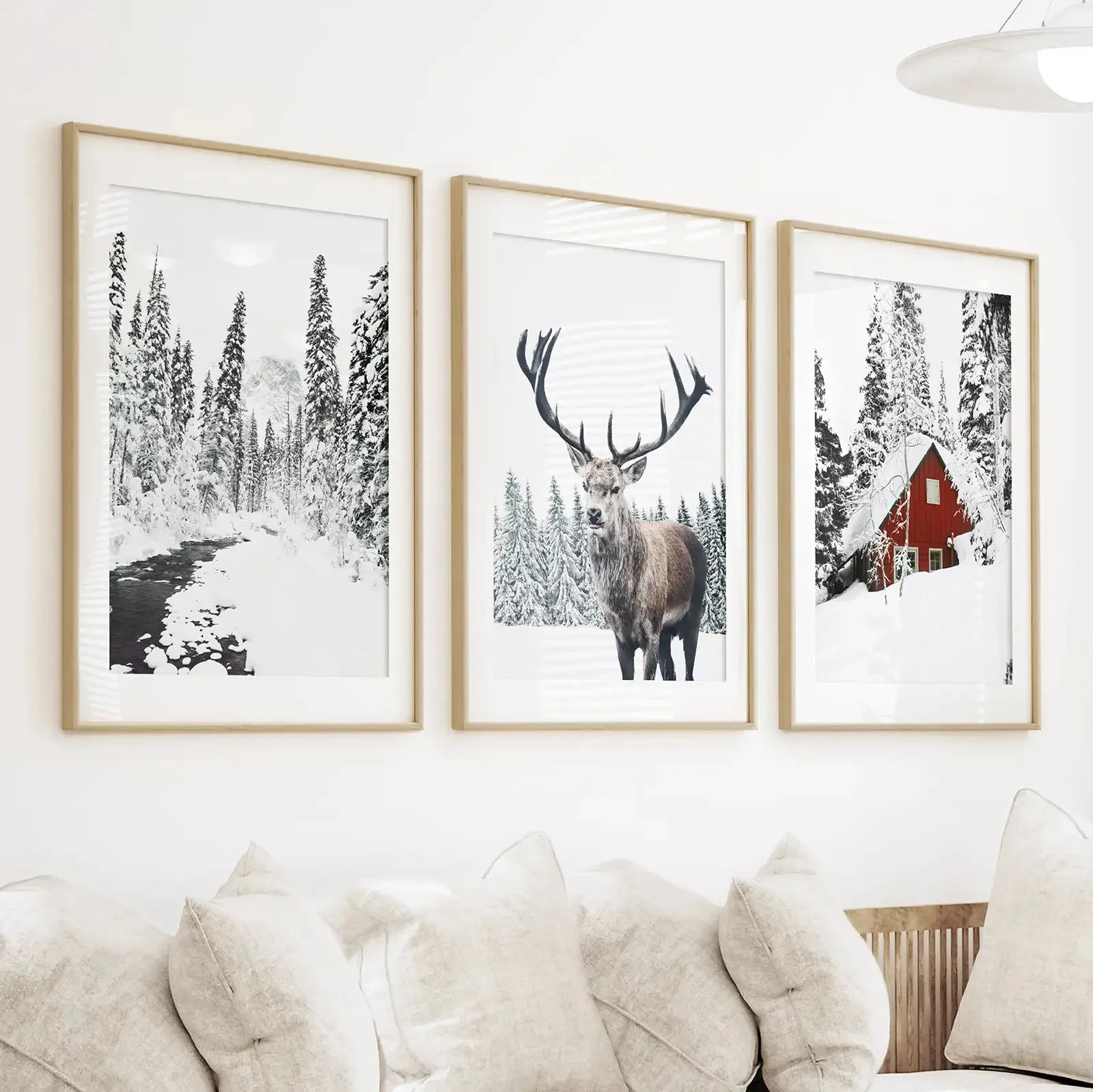 Christmas Mood Wall Art Prints. Red Log Cabin, Deer