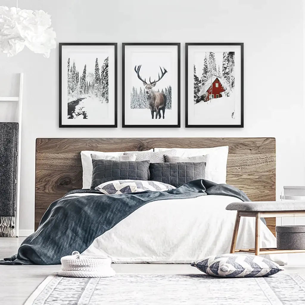 Christmas Mood Wall Art Prints. Red Log Cabin, Deer